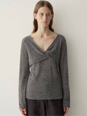 Crossover V-Neck Knit Sweater in Gray